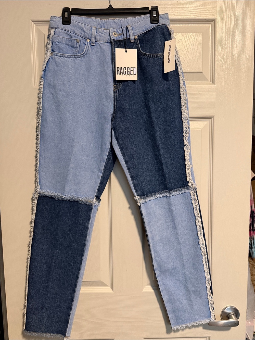Ragged Patchwork High-Rise Jeans in Light & Dark Blue